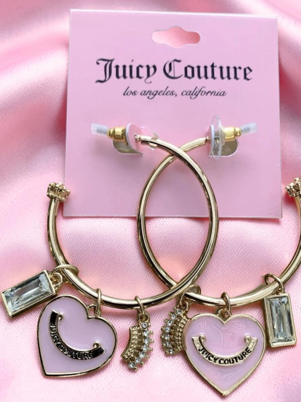 Juicy Couture Gold Hoop Earrings with Pink Heart and Crystal Charms